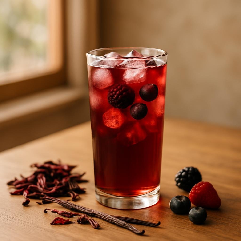 Hibiscus Berry Tea served with vanilla bean pods
