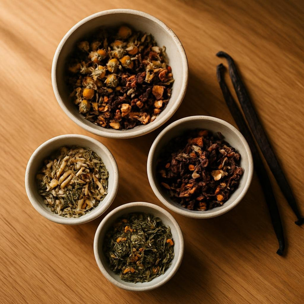Hibiscus Berry Tea ingredients with vanilla bean pods