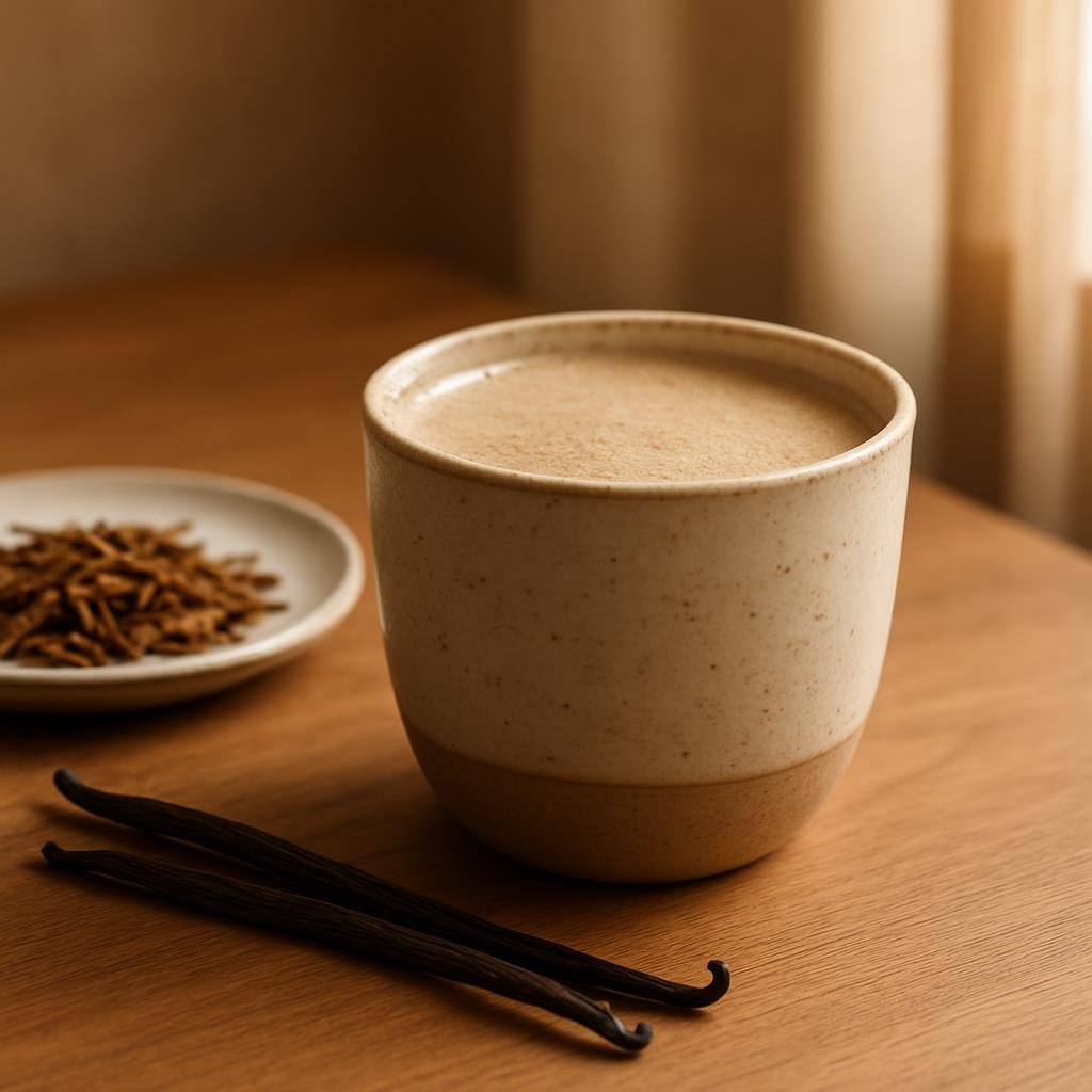 Hojicha Roasted Green Tea served with vanilla bean pods