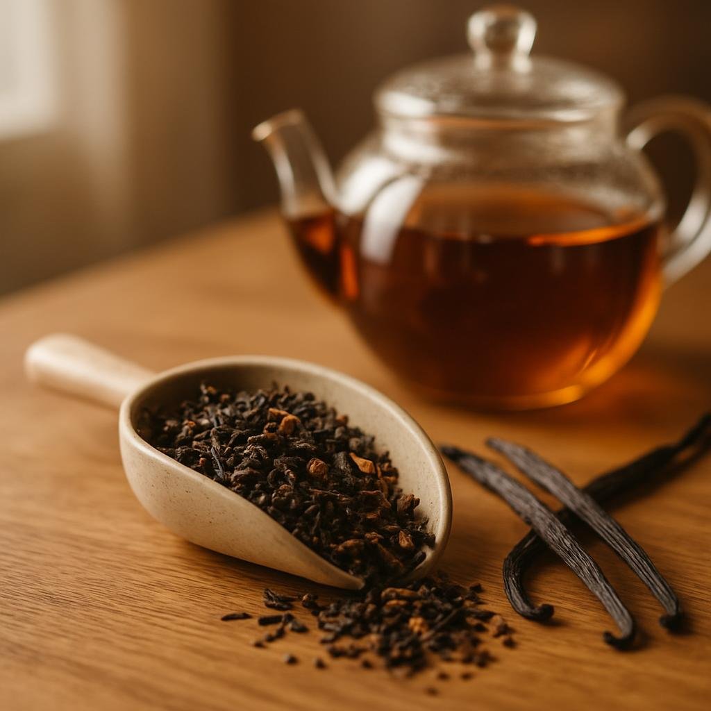 Hojicha Roasted Green Tea leaves with real vanilla