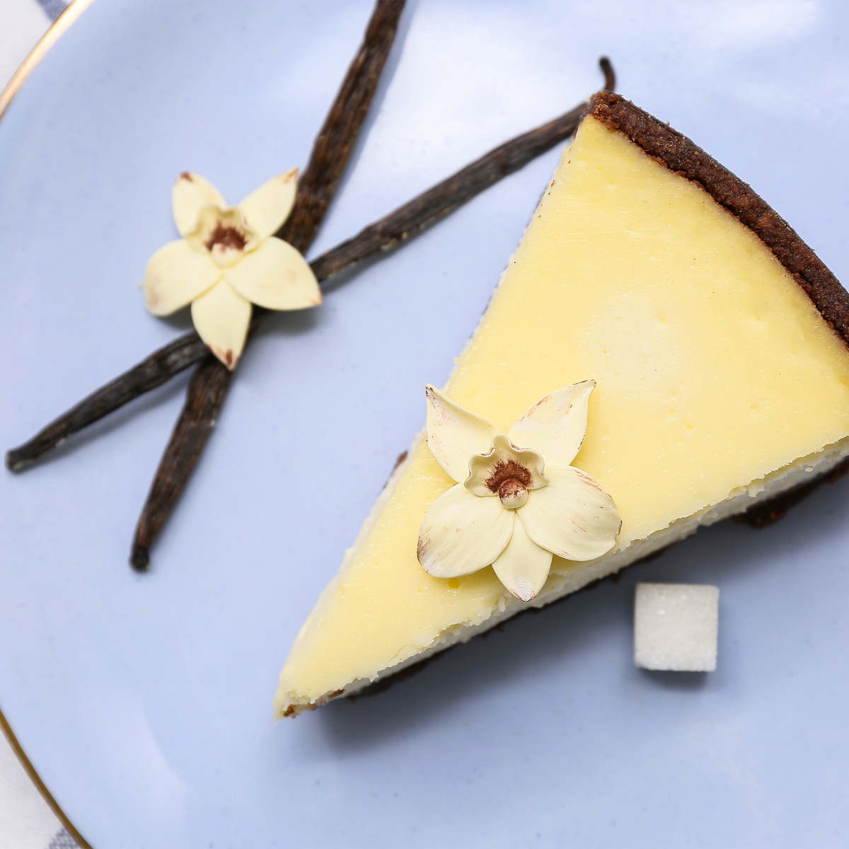 A slice of creamy yellow cheesecake with a dark chocolate crust, garnished with a small vanilla flower, served on a light blue plate with vanilla beans and a sugar cube.