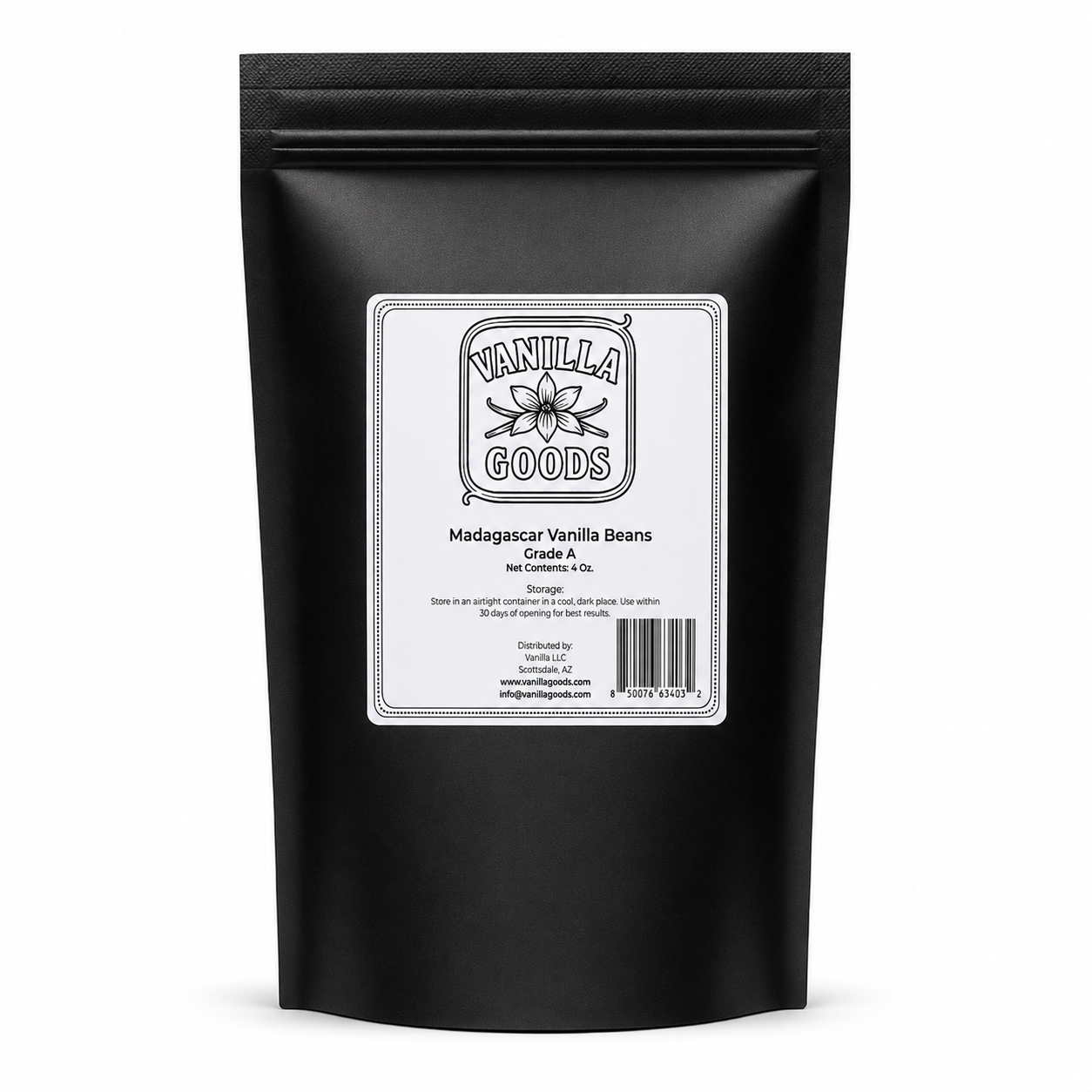 A black stand-up pouch of Madagascar Vanilla Beans from Vanilla Goods, featuring a white label with black text and a simple flower illustration, set against a plain white background.
