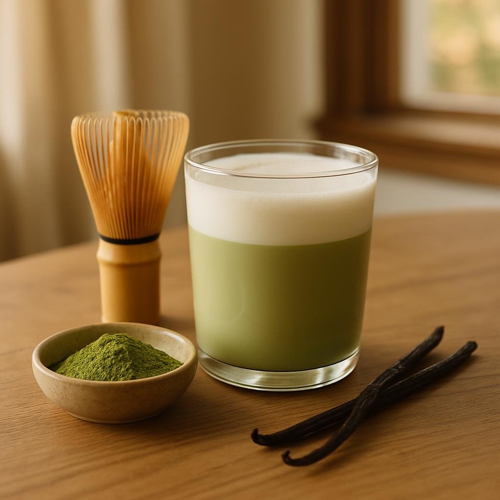 Matcha Green Tea Powder served with vanilla bean pods