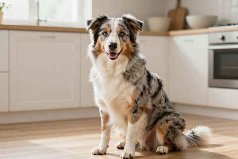 A blue merle Australian Shepherd sitting attentively in a bright kitchen