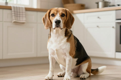 A tricolor Beagle sitting on the floor of a bright kitchen, nose raised to sniff the air