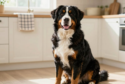 A tricolor Bernese Mountain Dog sitting in a bright kitchen