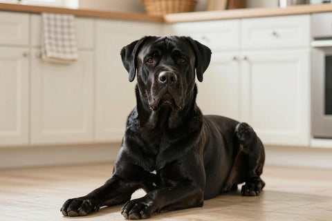 A black Cane Corso sitting calmly on the floor of a bright kitchen