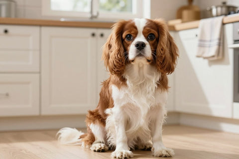 A Blenheim Cavalier King Charles Spaniel sitting on a soft rug in a bright kitchen