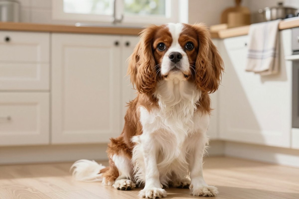A Blenheim Cavalier King Charles Spaniel sitting on a soft rug in a bright kitchen