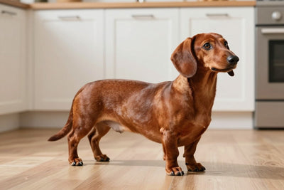 A smooth red Dachshund sitting on the floor of a bright kitchen