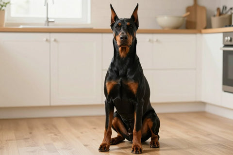 A black-and-rust Doberman Pinscher sitting tall in a bright kitchen