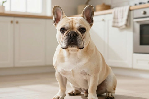 A fawn French Bulldog with upright bat ears sitting on the floor of a bright kitchen