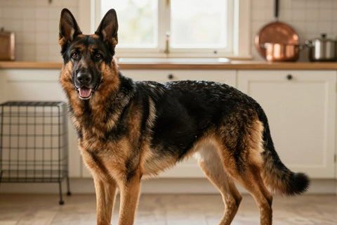 A black and tan German Shepherd Dog sitting alert in a bright kitchen