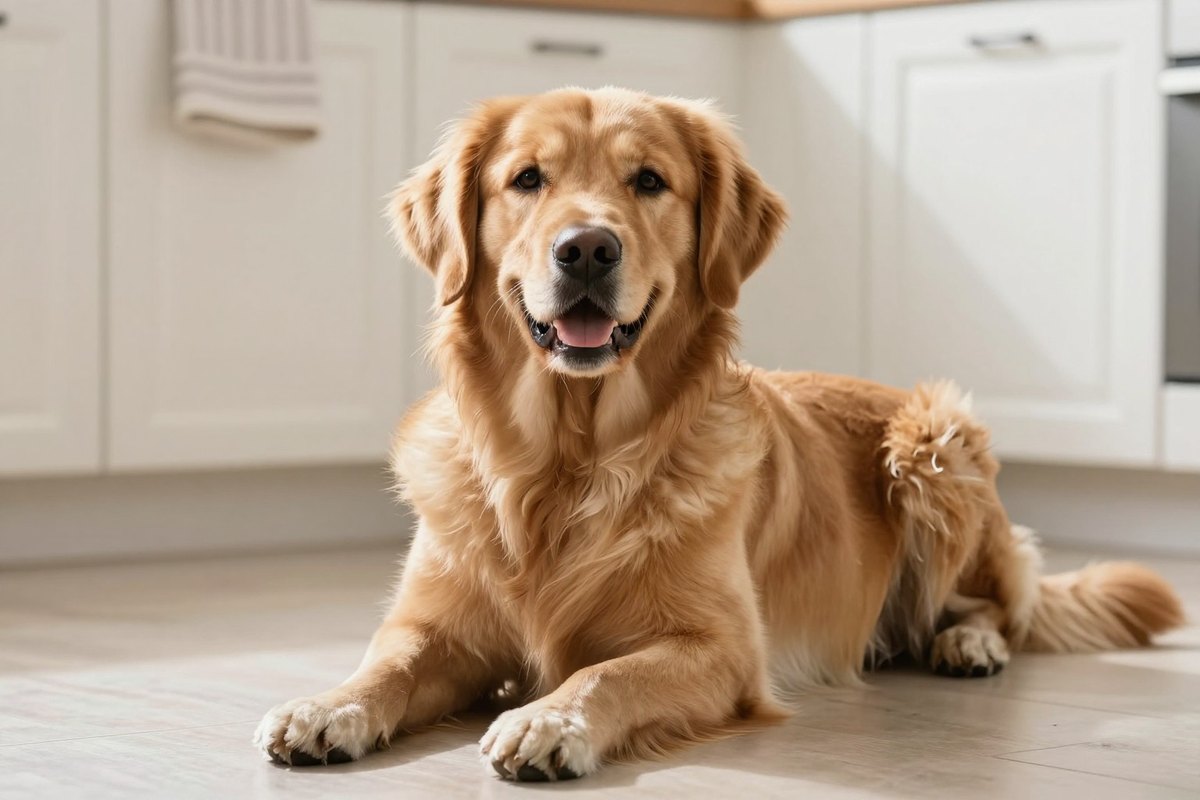 A Golden Retriever with a feathered golden coat sitting in a bright kitchen
