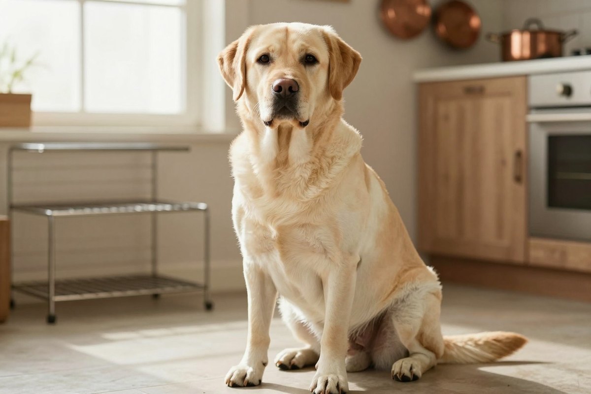 A yellow Labrador Retriever sitting on the floor of a bright, sunny kitchen