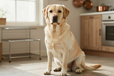 A yellow Labrador Retriever sitting on the floor of a bright, sunny kitchen