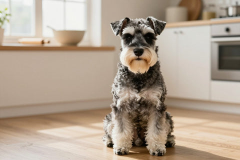 A salt-and-pepper Miniature Schnauzer with a bushy beard sitting in a bright kitchen