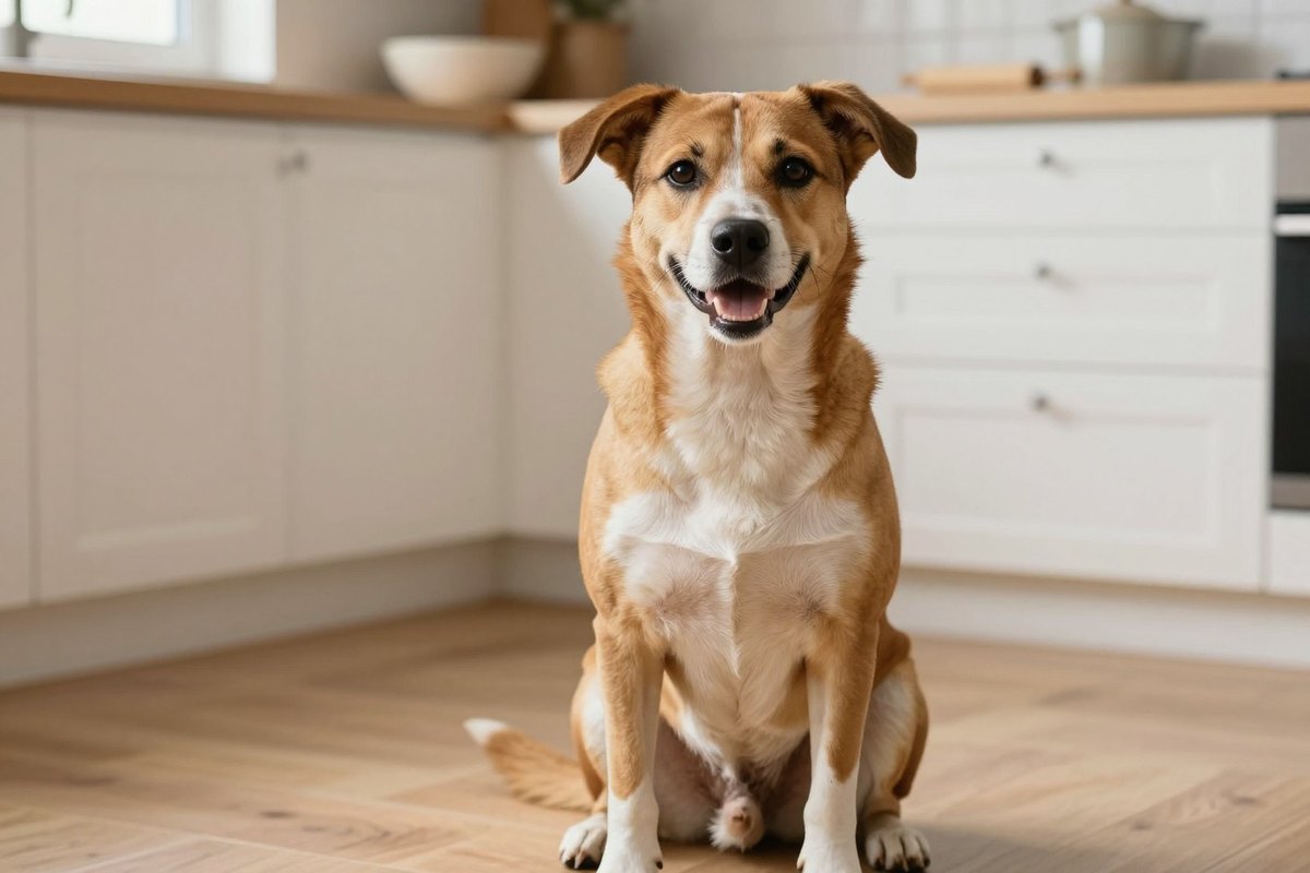 A medium-sized scruffy mixed-breed dog sitting in a bright kitchen