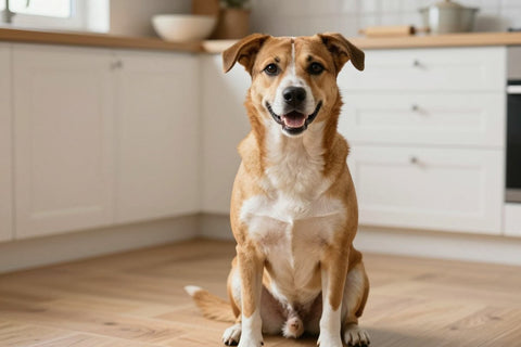 A medium-sized scruffy mixed-breed dog sitting in a bright kitchen