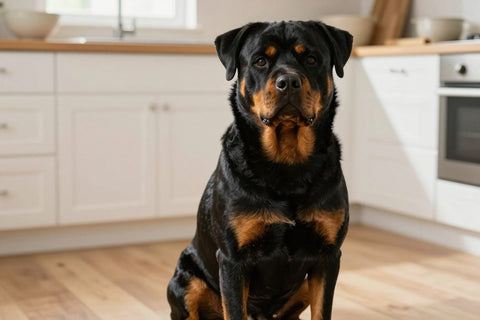 A black and rust Rottweiler sitting calmly on the floor of a bright kitchen