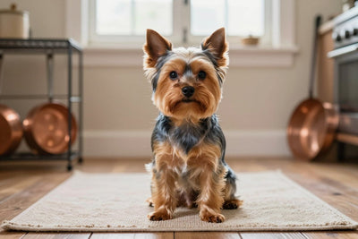A steel-blue-and-tan Yorkshire Terrier with a short puppy cut sitting in a bright kitchen