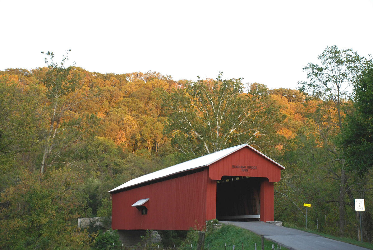 Indiana's Historic Pathways: Busching Covered Bridge in Early Autumn