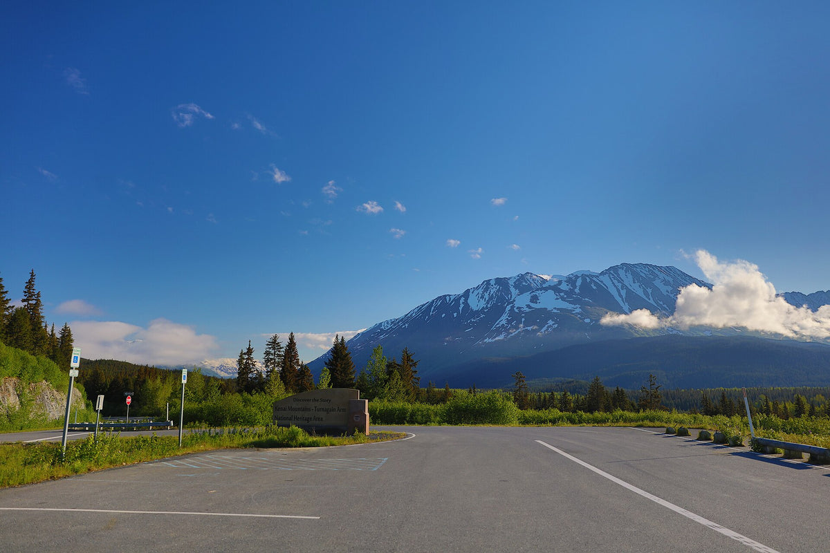 Pull-off on the Seward Highway with snowy mountains behind
