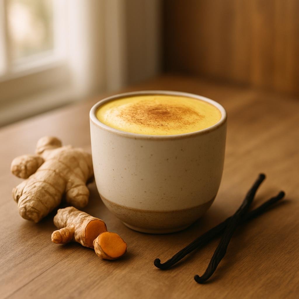 Turmeric Ginger Tea served with vanilla bean pods