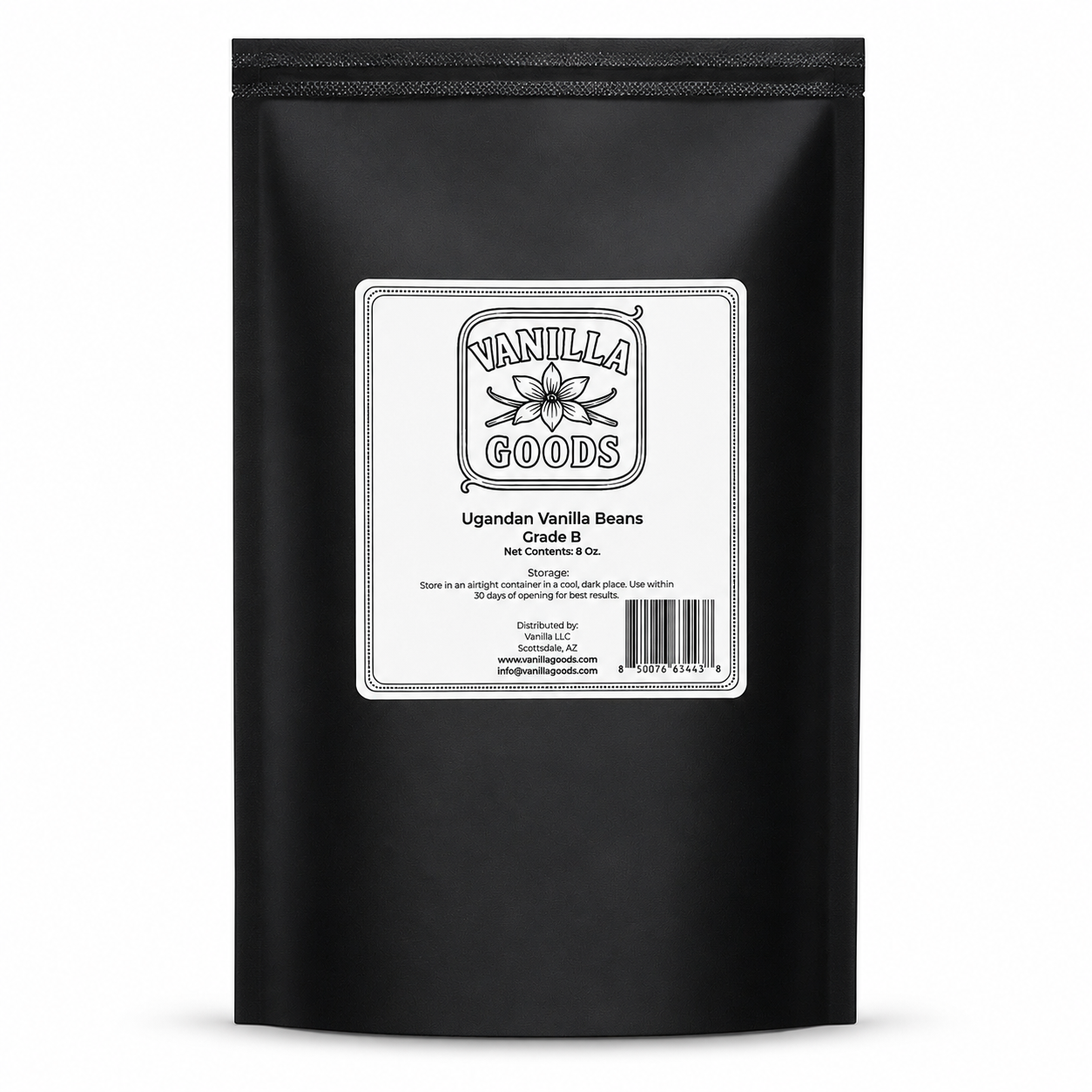 A black stand-up pouch package for Vanilla Goods Uganda Vanilla Beans Grade B, featuring a white rectangular label with black text and a vanilla flower illustration, set against a plain white background.
