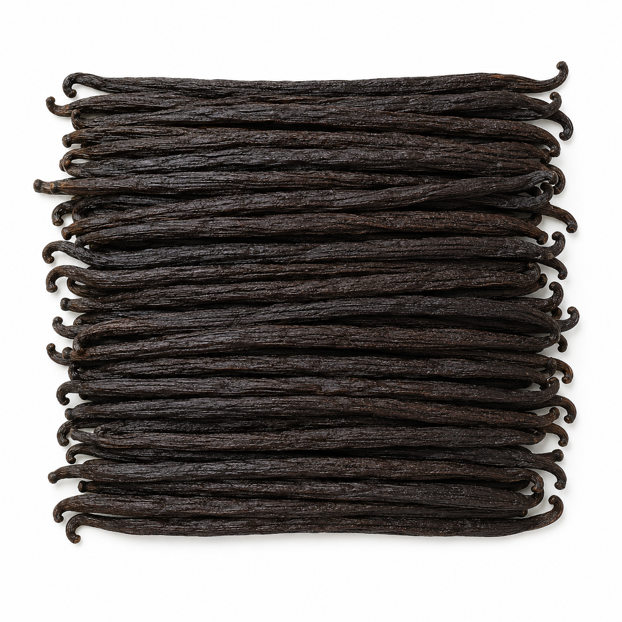 A bundle of dark brown Uganda vanilla beans arranged in a neat rectangular stack on a plain white background.