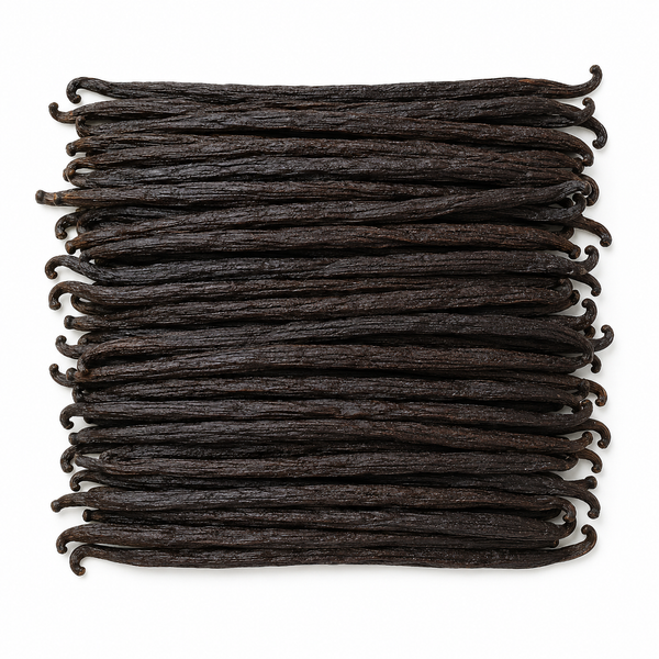 A bundle of dark brown Uganda vanilla beans arranged in a neat rectangular stack on a plain white background.