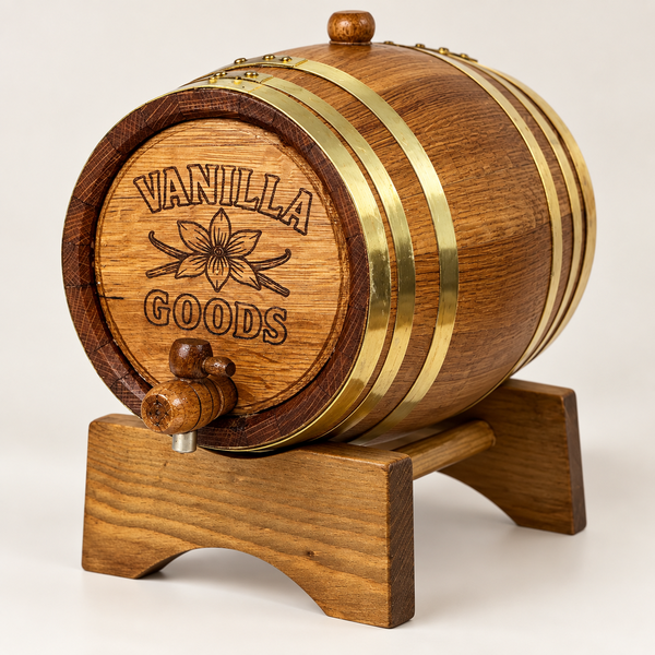 VanillaGoods oak aging barrel, angled view
