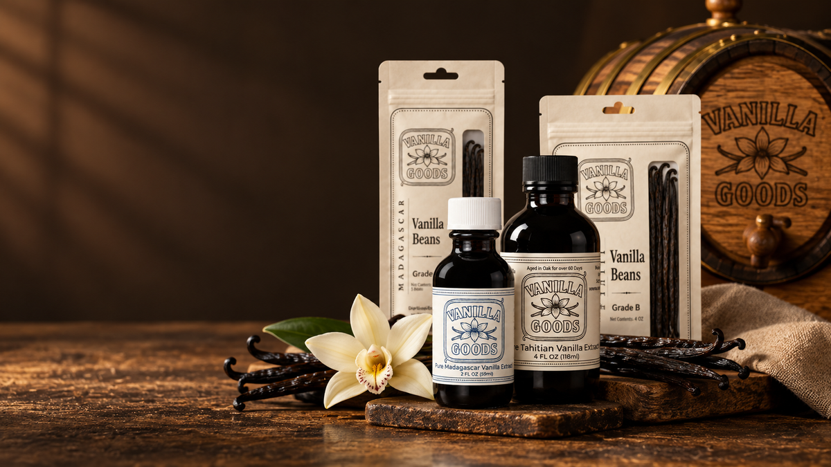 VanillaGoods vanilla beans and extract on an oak table with the VanillaGoods barrel