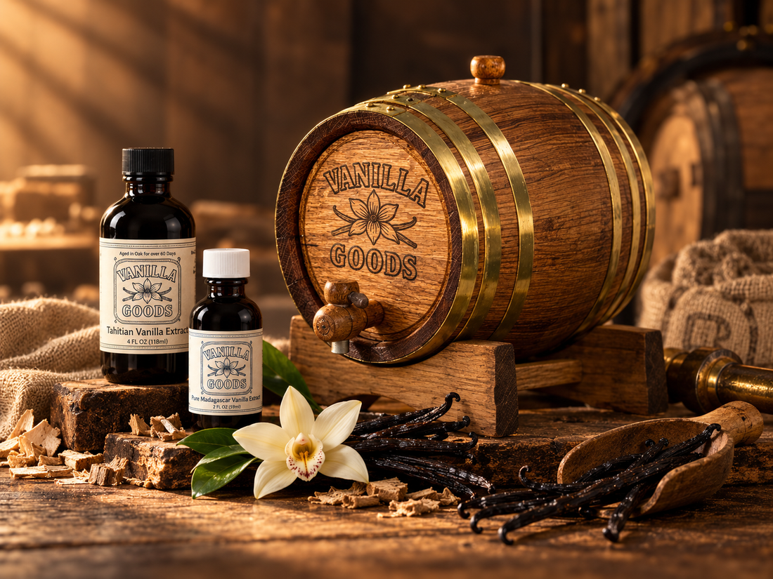 VanillaGoods oak-aged vanilla extract with the branded oak barrel