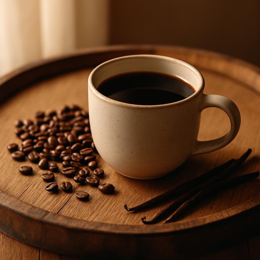 Whiskey Barrel-Aged Coffee served with vanilla bean pods